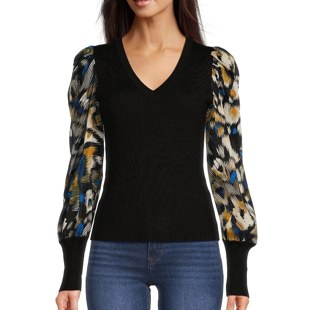 DKNY Black V-Neck Sweater with Printed Puff Sleeves
